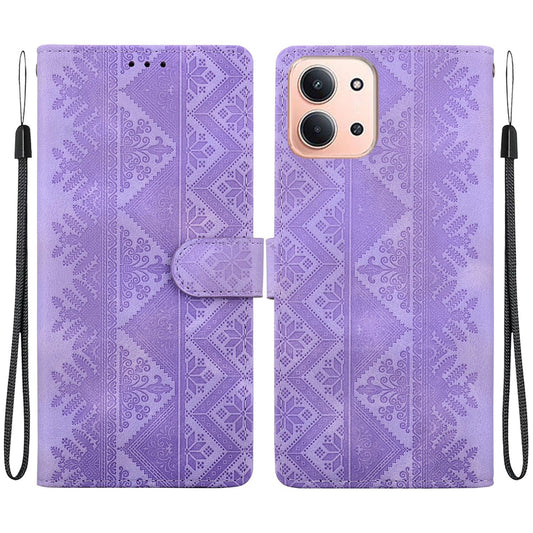 For Redmi 15C EU 173mm / Poco C85 5G Ethnic Pattern Embossed Vegan Leather Phone Case - Purple - EDA009981007D