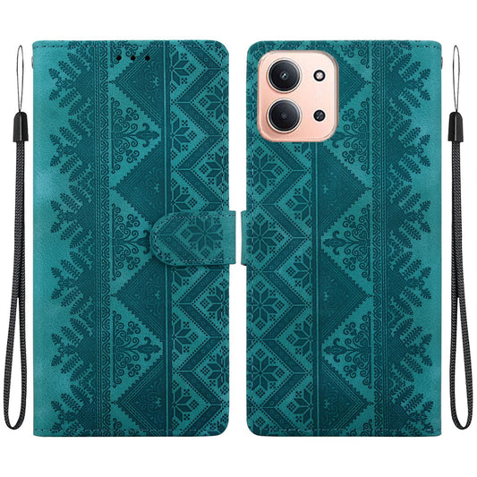 For Redmi 15C Global 171mm / Poco C85 4G Ethnic Pattern Embossed Vegan Leather Phone Case - Green - EDA009981008B