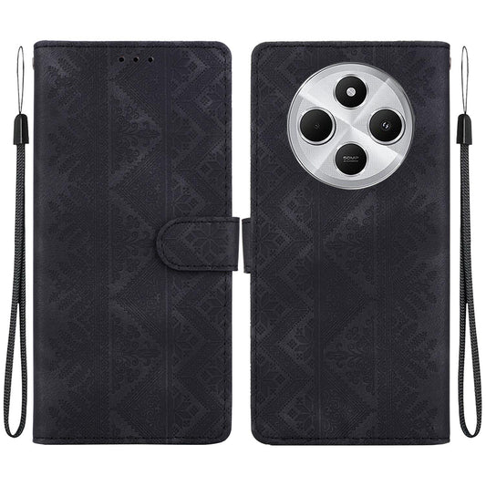 For Redmi 17C 4G / 14C / A4 5G Ethnic Pattern Embossed Vegan Leather Phone Case - Black - EDA009981009F