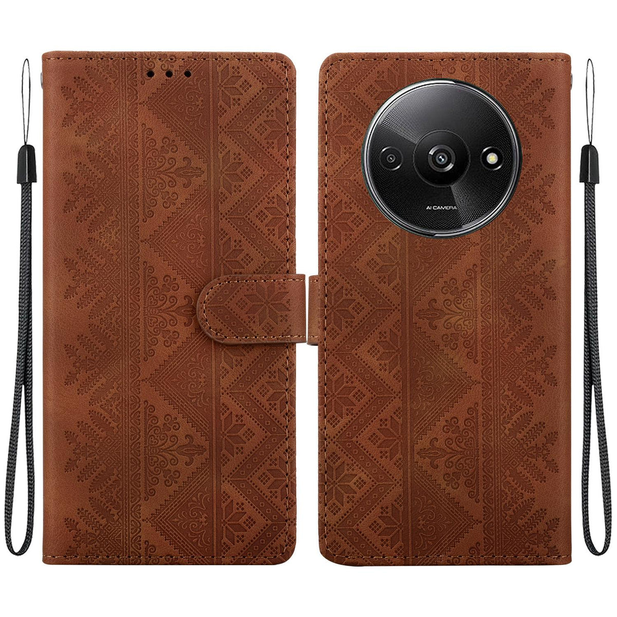 For Redmi A3 / A3x / Poco C61 Ethnic Pattern Embossed Vegan Leather Phone Case - Brown - EDA009981010A
