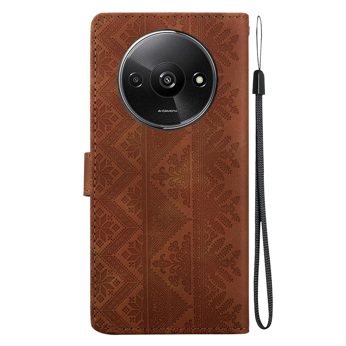 For Redmi A3 / A3x / Poco C61 Ethnic Pattern Embossed Vegan Leather Phone Case - Brown - EDA009981010A