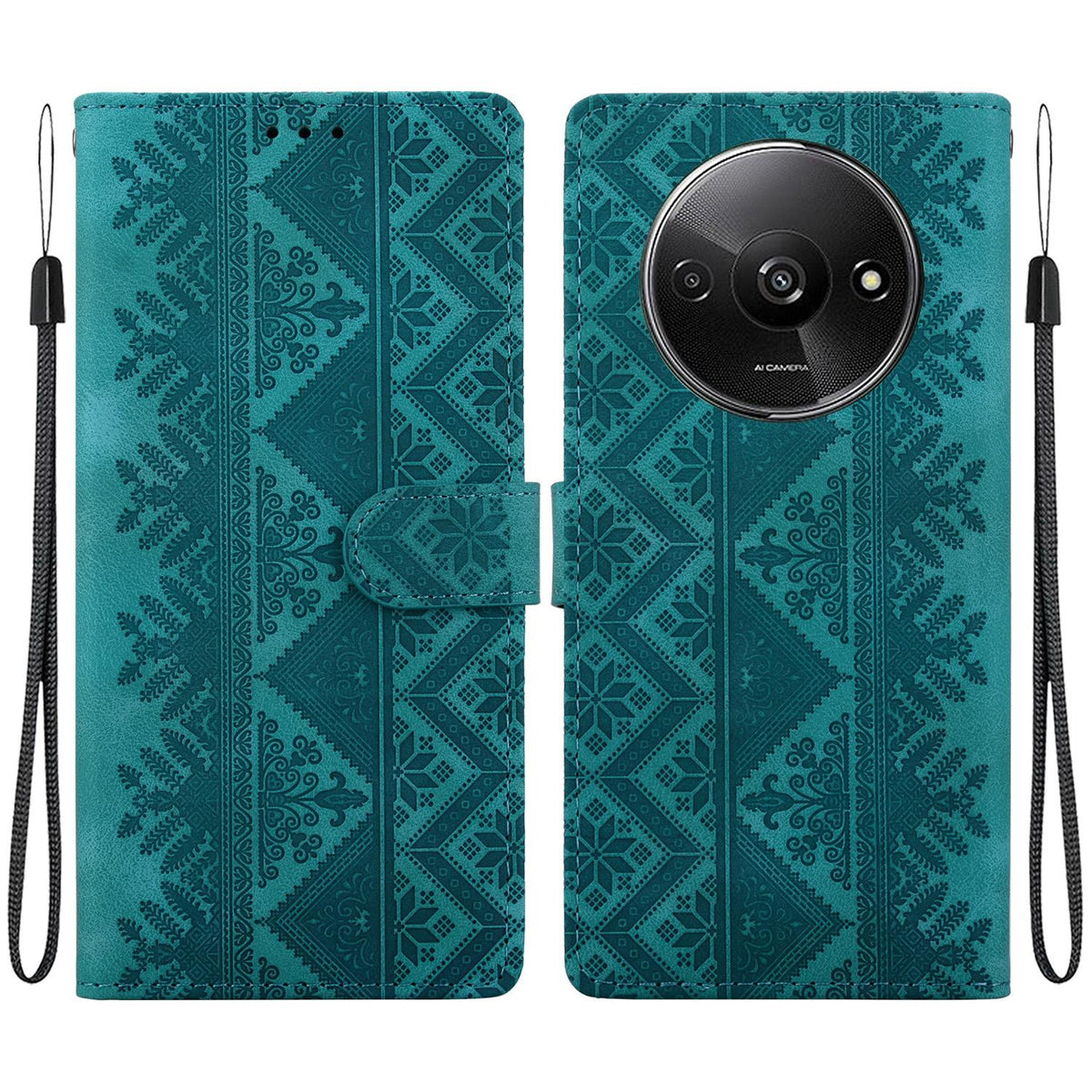 For Redmi A3 / A3x / Poco C61 Ethnic Pattern Embossed Vegan Leather Phone Case - Green - EDA009981010B