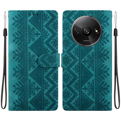 For Redmi A3 / A3x / Poco C61 Ethnic Pattern Embossed Vegan Leather Phone Case - Green - EDA009981010B