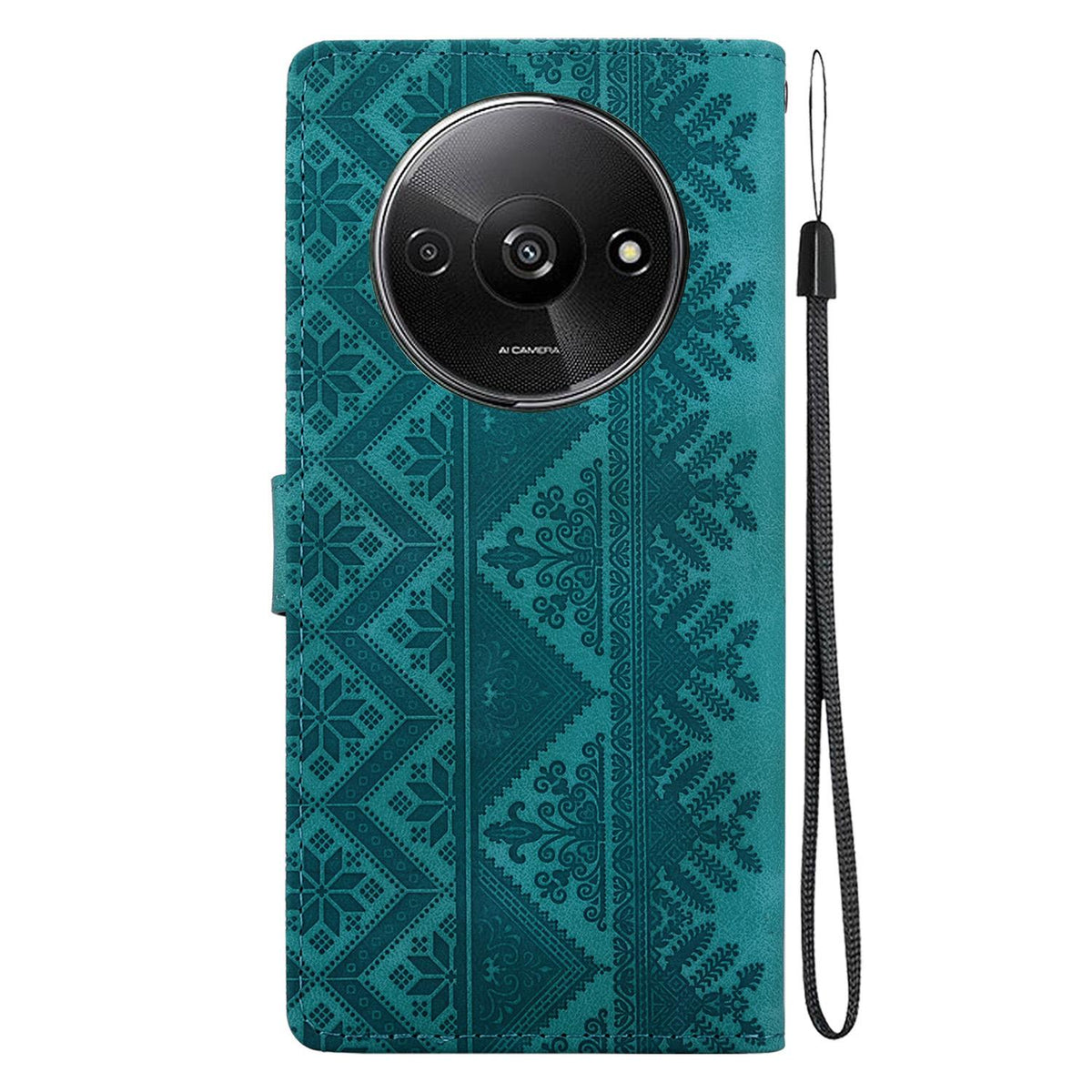 For Redmi A3 / A3x / Poco C61 Ethnic Pattern Embossed Vegan Leather Phone Case - Green - EDA009981010B
