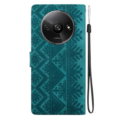 For Redmi A3 / A3x / Poco C61 Ethnic Pattern Embossed Vegan Leather Phone Case - Green - EDA009981010B