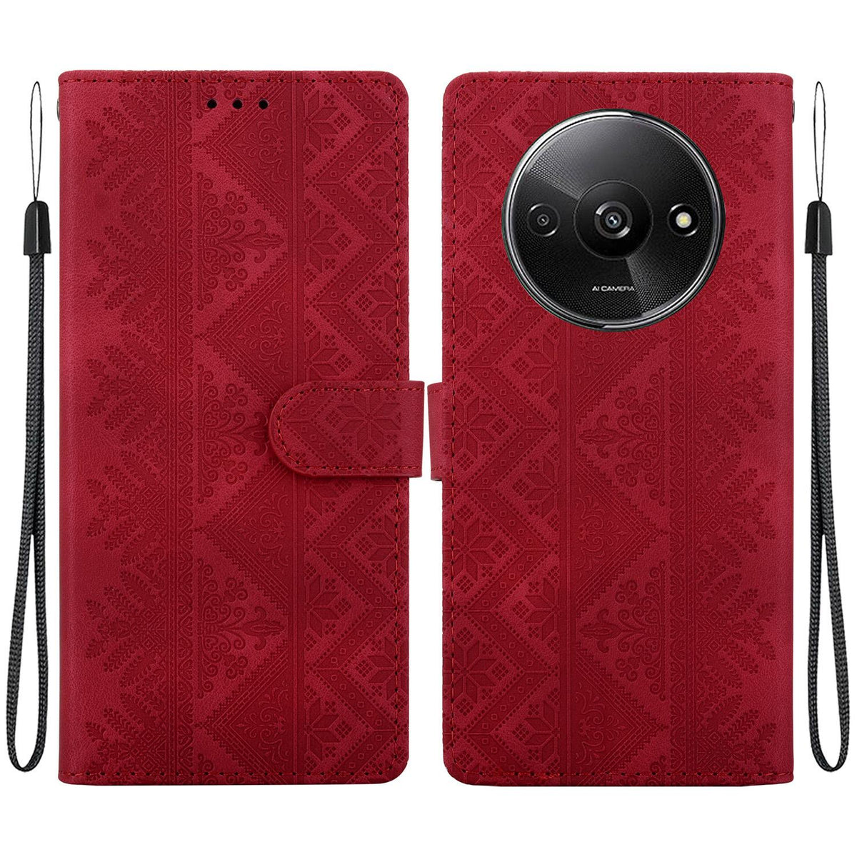 For Redmi A3 / A3x / Poco C61 Ethnic Pattern Embossed Vegan Leather Phone Case - Red - EDA009981010C