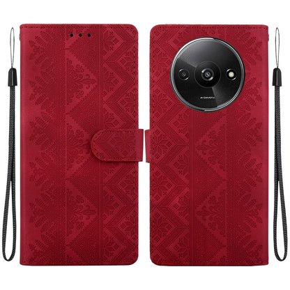 For Redmi A3 / A3x / Poco C61 Ethnic Pattern Embossed Vegan Leather Phone Case - Red - EDA009981010C