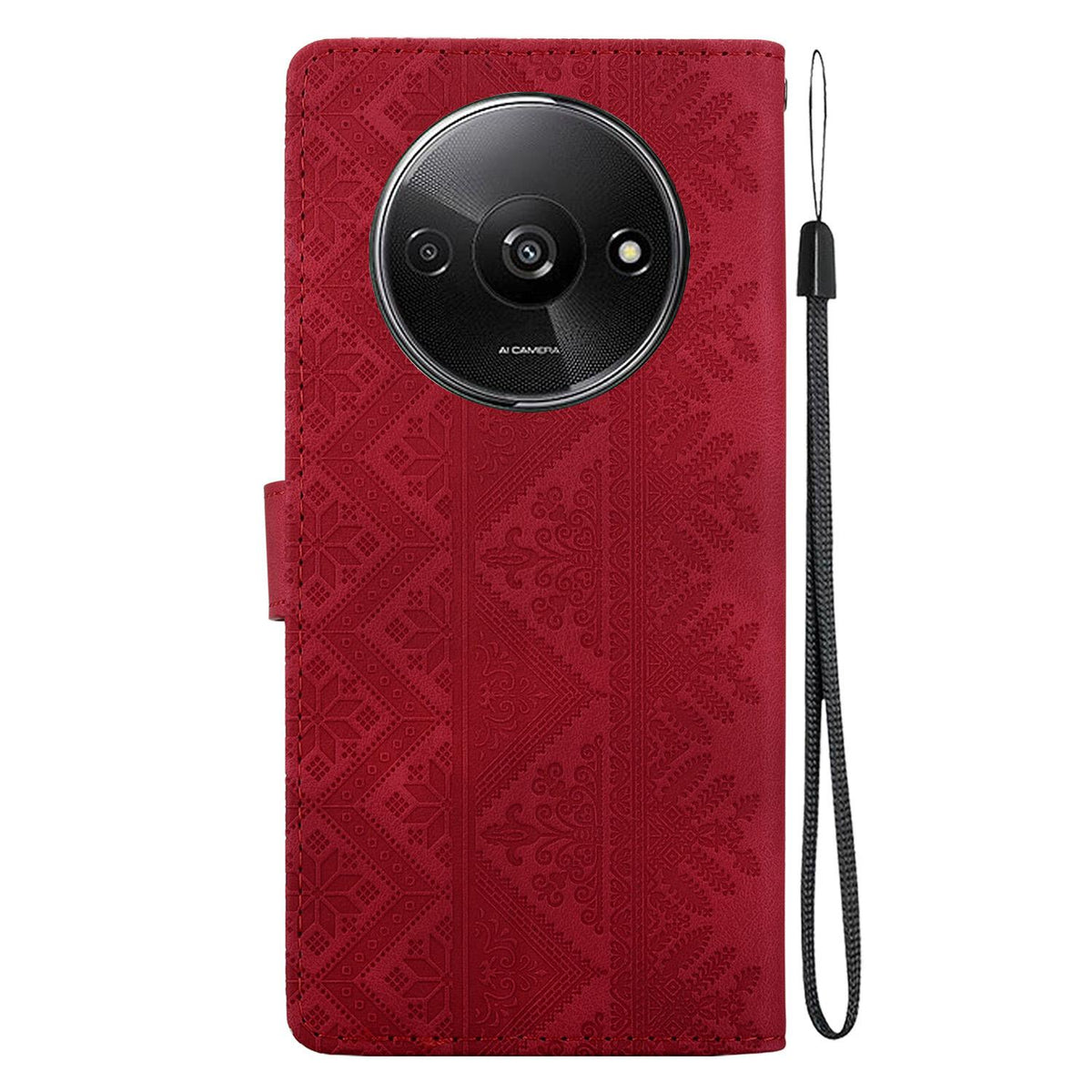 For Redmi A3 / A3x / Poco C61 Ethnic Pattern Embossed Vegan Leather Phone Case - Red - EDA009981010C