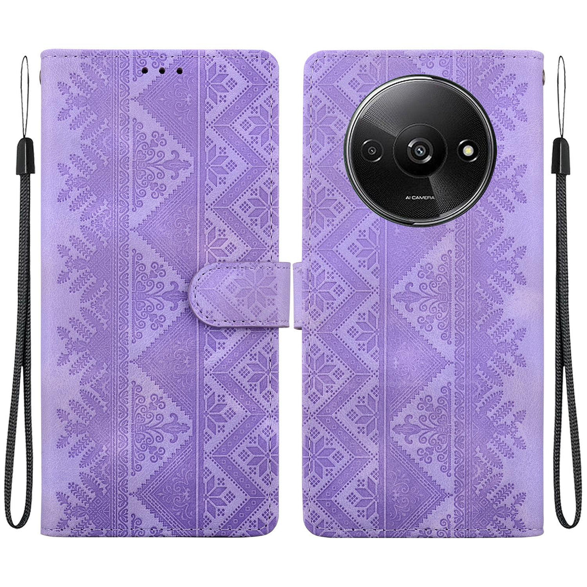 For Redmi A3 / A3x / Poco C61 Ethnic Pattern Embossed Vegan Leather Phone Case - Purple - EDA009981010D