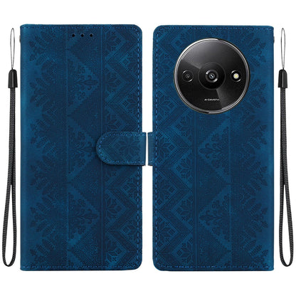 For Redmi A3 / A3x / Poco C61 Ethnic Pattern Embossed Vegan Leather Phone Case - Dark Blue - EDA009981010E