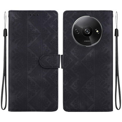 For Redmi A3 / A3x / Poco C61 Ethnic Pattern Embossed Vegan Leather Phone Case - Black - EDA009981010F