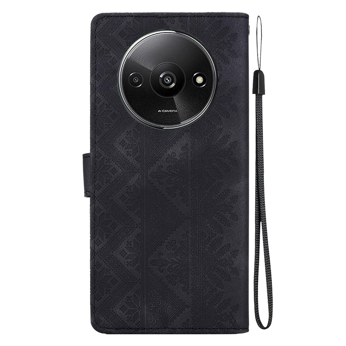 For Redmi A3 / A3x / Poco C61 Ethnic Pattern Embossed Vegan Leather Phone Case - Black - EDA009981010F