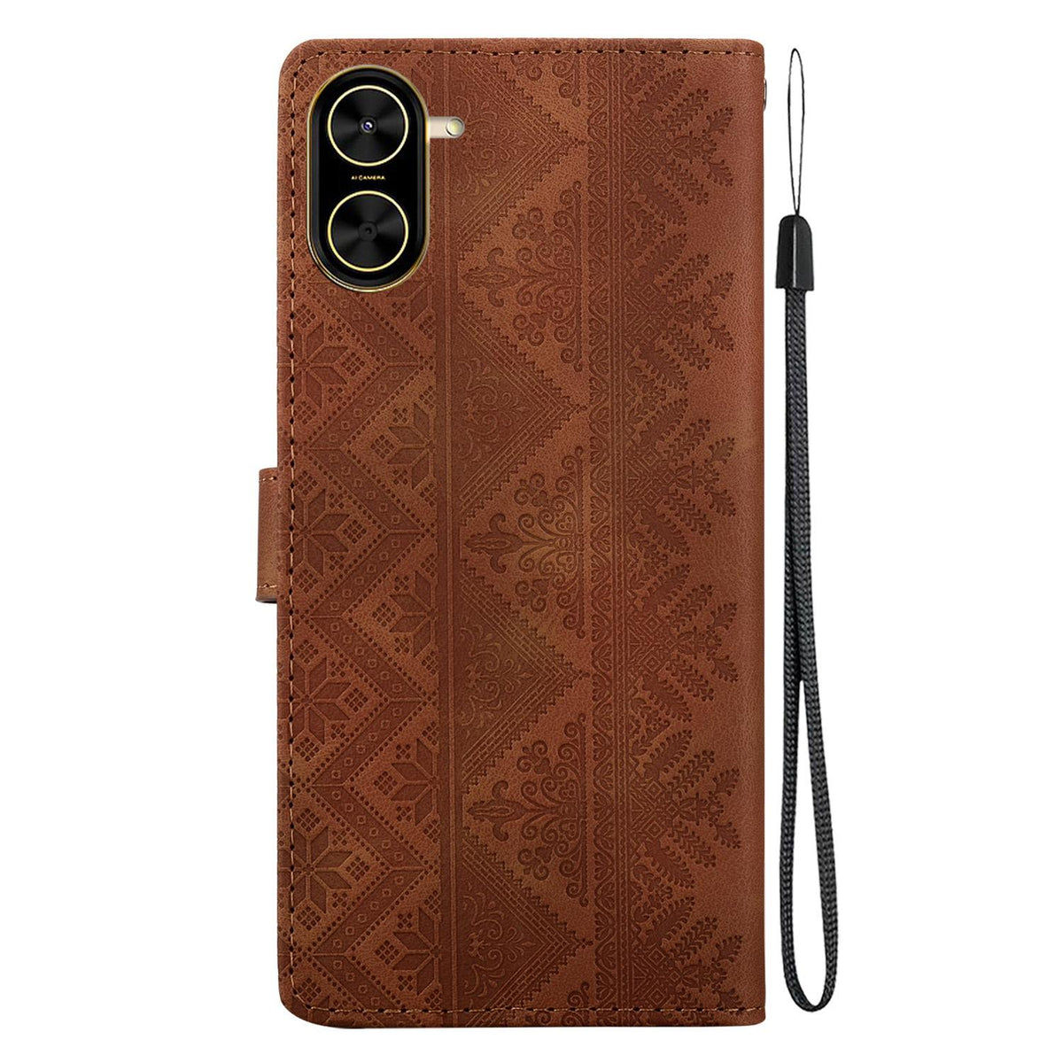 For Redmi A7 4G 171.8mm / A5 4G 171.7mm Ethnic Pattern Embossed Vegan Leather Phone Case - Brown - EDA009981011A