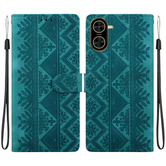 For Redmi A7 4G 171.8mm / A5 4G 171.7mm Ethnic Pattern Embossed Vegan Leather Phone Case - Green - EDA009981011B