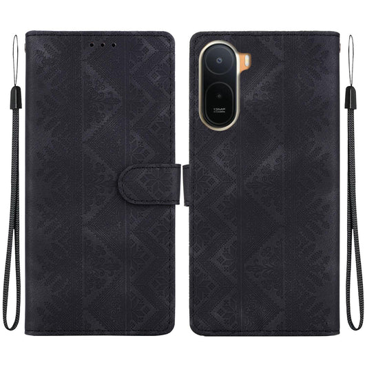 For Redmi A7 Pro 171mm / Poco C85x 5G Ethnic Pattern Embossed Vegan Leather Phone Case - Black - EDA009981012F