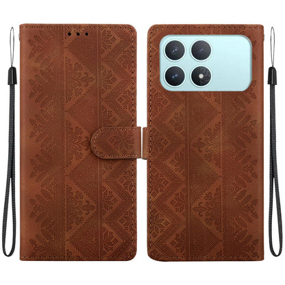 For Redmi K90 / Xiaomi Poco F8 Pro 5G Ethnic Pattern Embossed Vegan Leather Phone Case - Brown - EDA009981013A