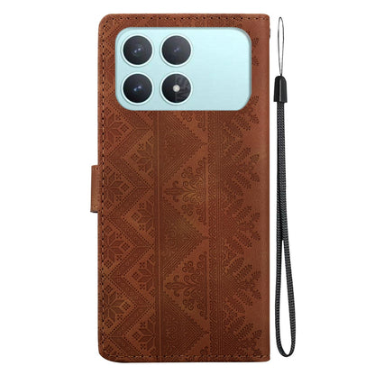 For Redmi K90 / Xiaomi Poco F8 Pro 5G Ethnic Pattern Embossed Vegan Leather Phone Case - Brown - EDA009981013A
