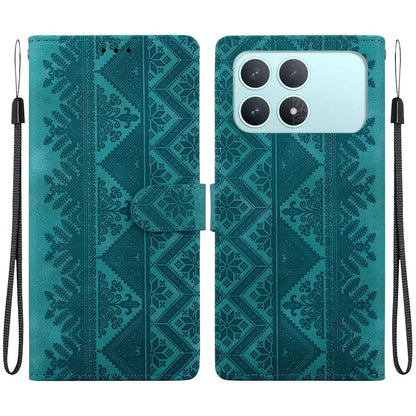 For Redmi K90 / Xiaomi Poco F8 Pro 5G Ethnic Pattern Embossed Vegan Leather Phone Case - Green - EDA009981013B