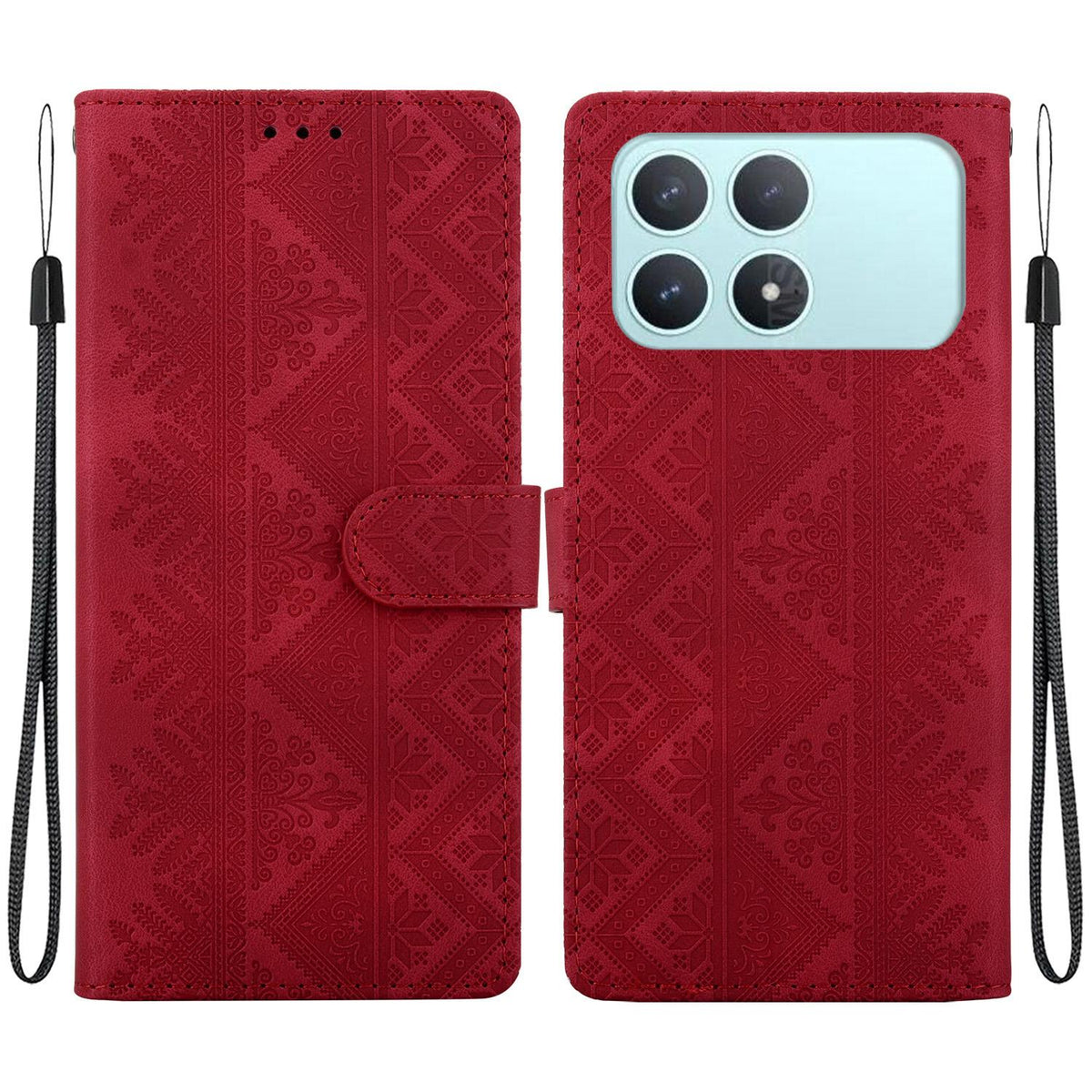 For Redmi K90 / Xiaomi Poco F8 Pro 5G Ethnic Pattern Embossed Vegan Leather Phone Case - Red - EDA009981013C