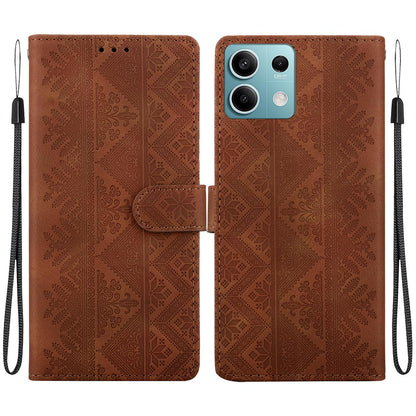 For Redmi Note 13 5G Ethnic Pattern Embossed Vegan Leather Phone Case - Brown - EDA009981014A