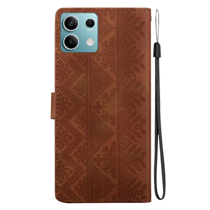 For Redmi Note 13 5G Ethnic Pattern Embossed Vegan Leather Phone Case - Brown - EDA009981014A