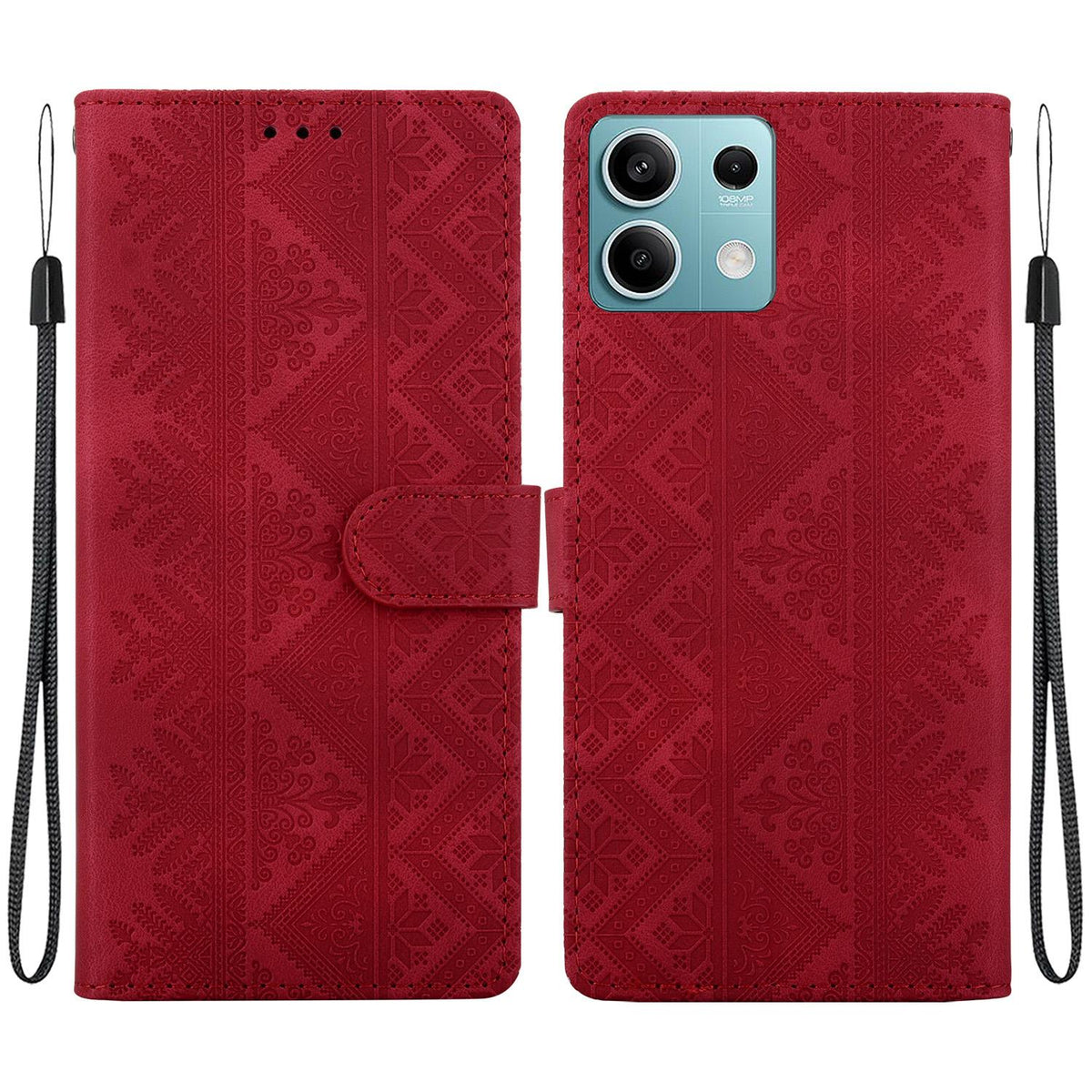For Redmi Note 13 5G Ethnic Pattern Embossed Vegan Leather Phone Case - Red - EDA009981014C