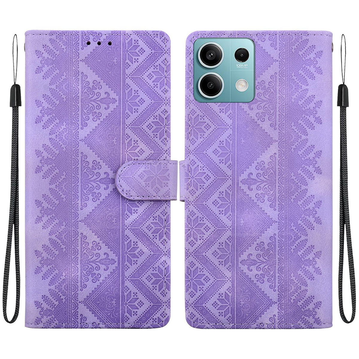 For Redmi Note 13 5G Ethnic Pattern Embossed Vegan Leather Phone Case - Purple - EDA009981014D
