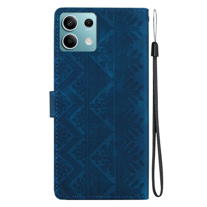 For Redmi Note 13 5G Ethnic Pattern Embossed Vegan Leather Phone Case - Dark Blue - EDA009981014E