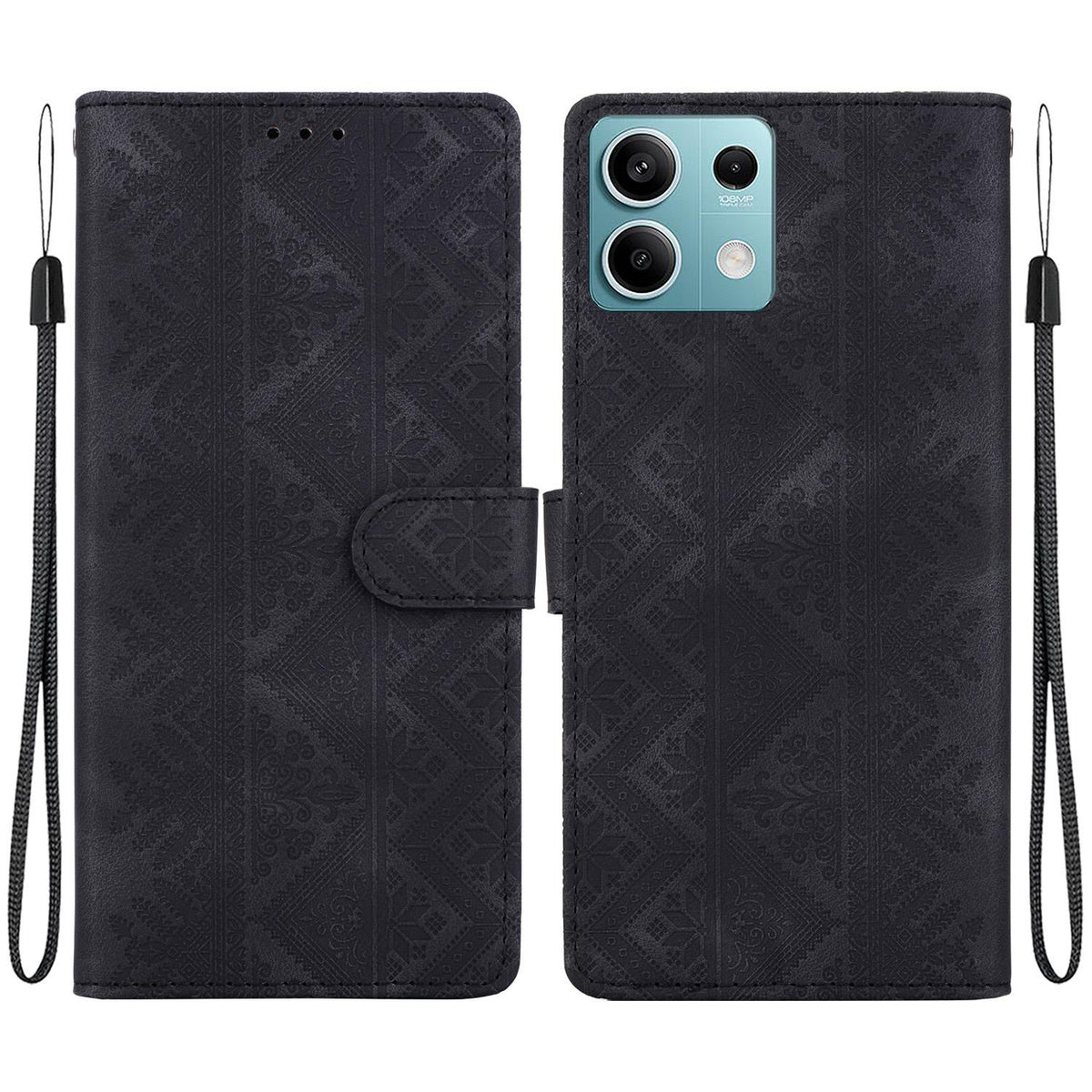 For Redmi Note 13 5G Ethnic Pattern Embossed Vegan Leather Phone Case - Black - EDA009981014F