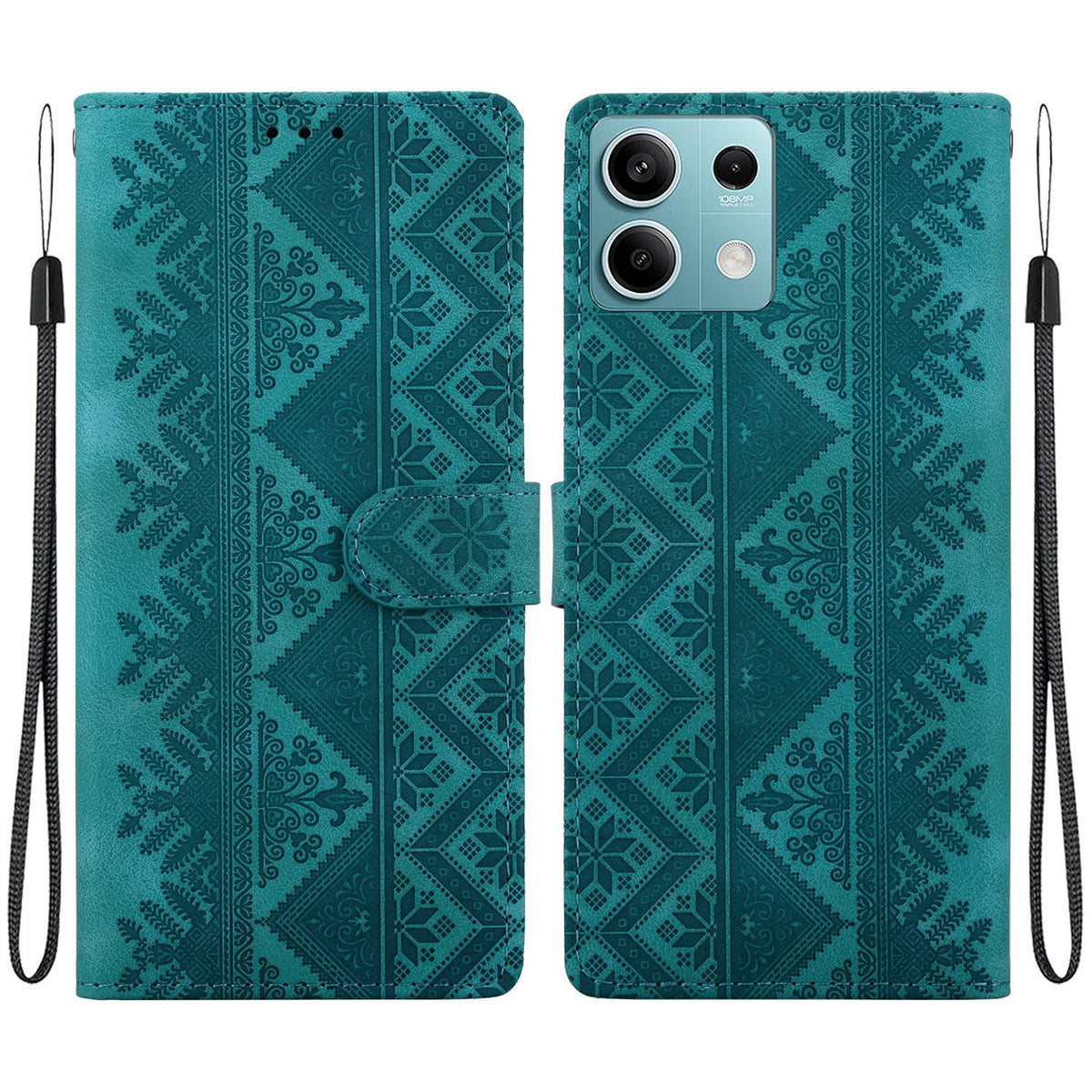 For Redmi Note 13 Pro 5G / Poco X6 Ethnic Pattern Embossed Vegan Leather Phone Case - Green - EDA009981015B