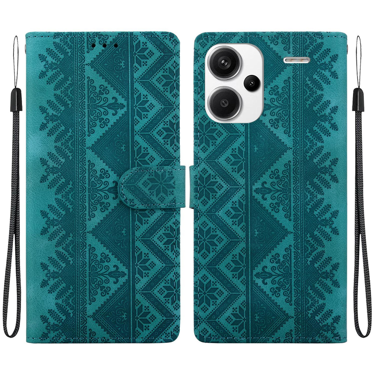 For Redmi Note 13 Pro+ Ethnic Pattern Embossed Vegan Leather Phone Case - Green - EDA009981016B