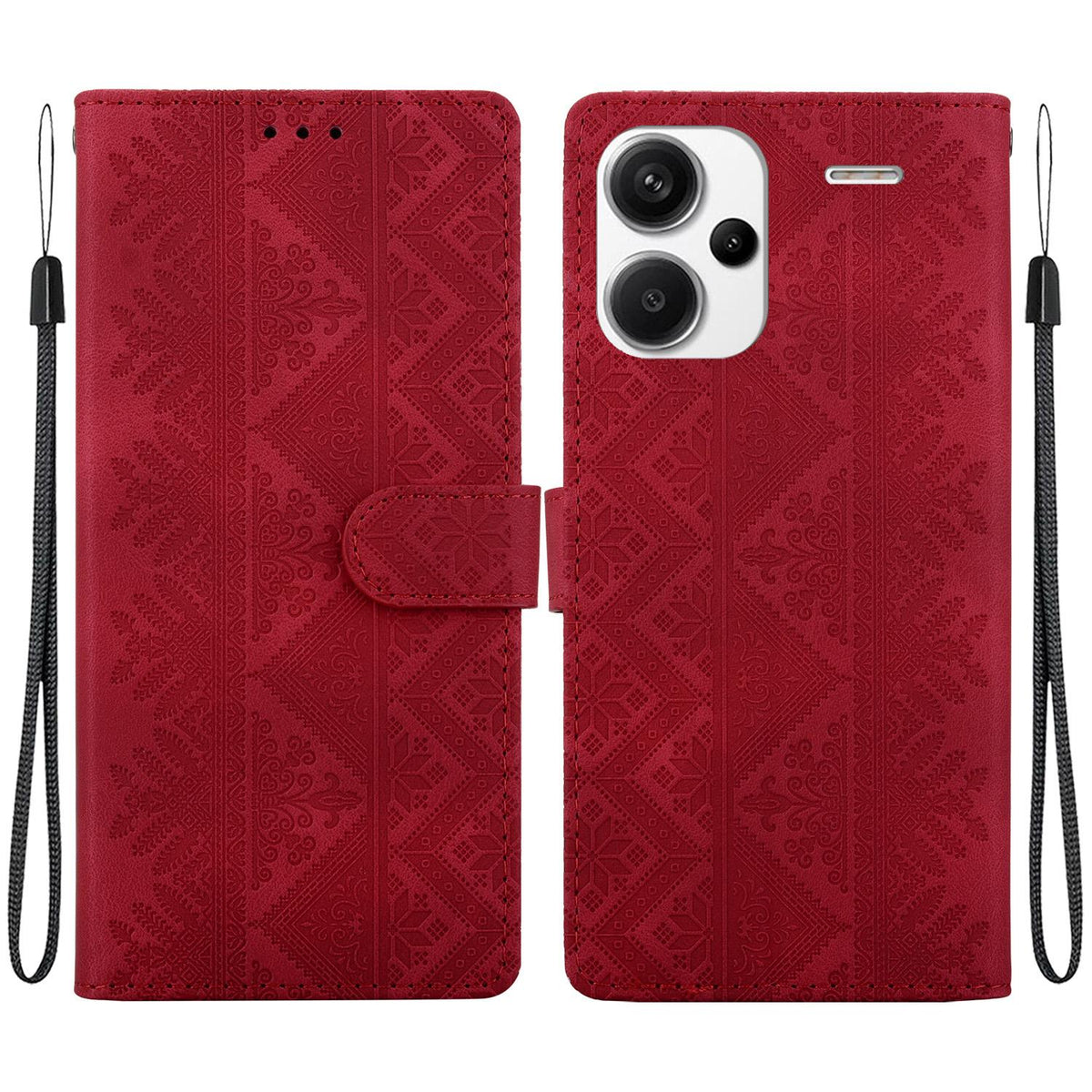 For Redmi Note 13 Pro+ Ethnic Pattern Embossed Vegan Leather Phone Case - Red - EDA009981016C