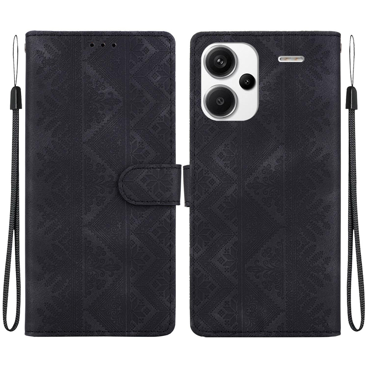 For Redmi Note 13 Pro+ Ethnic Pattern Embossed Vegan Leather Phone Case - Black - EDA009981016F
