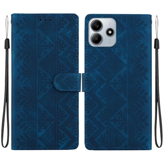 For Redmi Note 14 4G 163.25mm Ethnic Pattern Embossed Vegan Leather Phone Case - Dark Blue - EDA009981017E