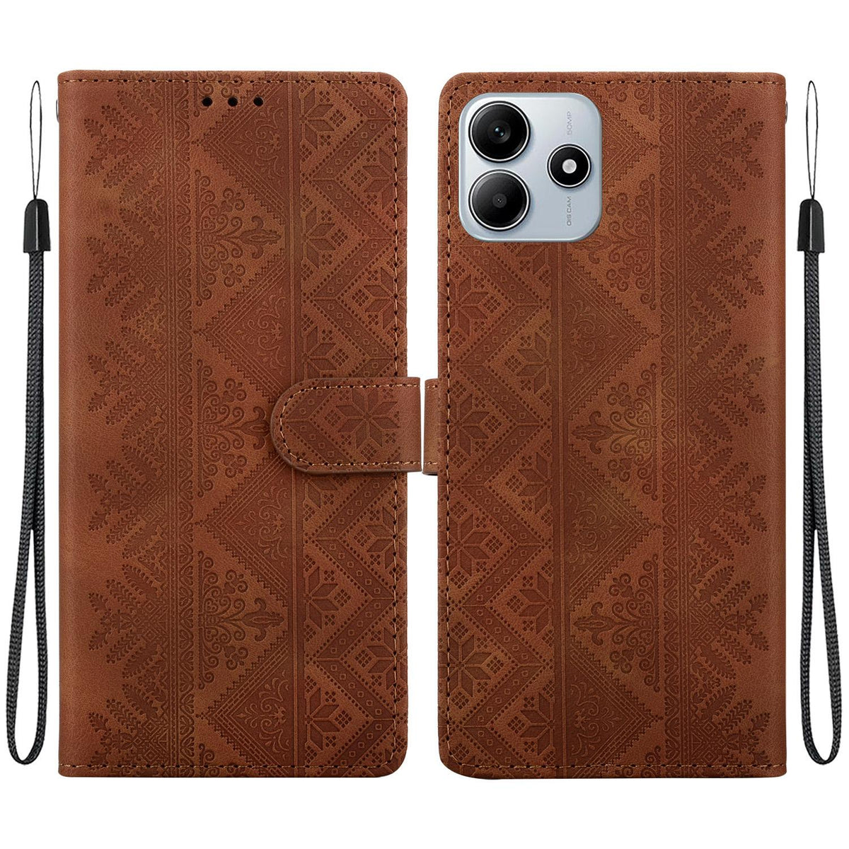 For Redmi Note 14 5G Ethnic Pattern Embossed Vegan Leather Phone Case - Brown - EDA009981018A