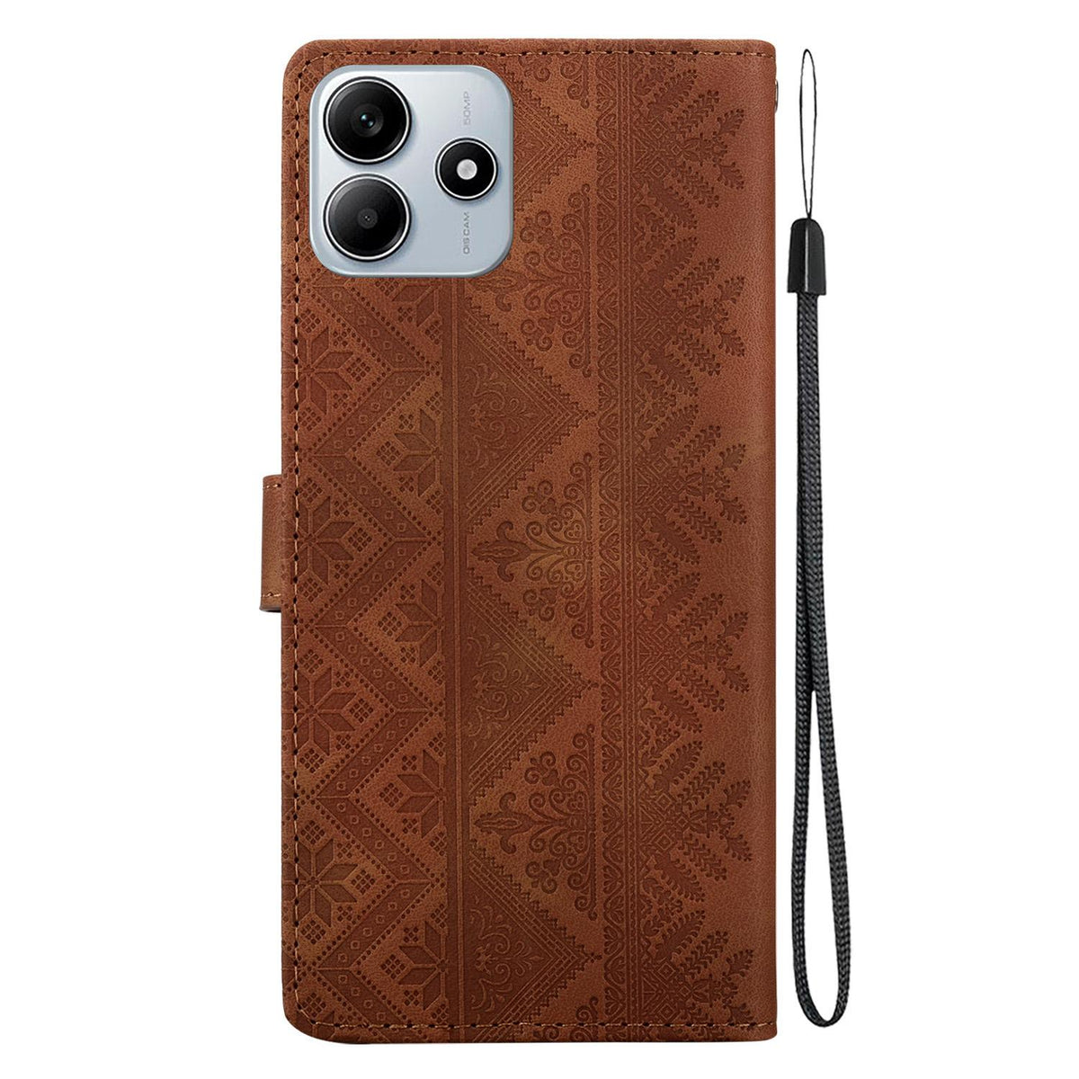 For Redmi Note 14 5G Ethnic Pattern Embossed Vegan Leather Phone Case - Brown - EDA009981018A
