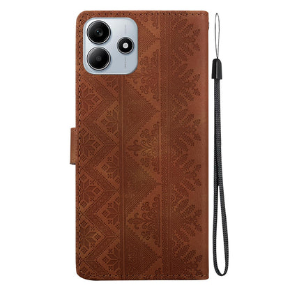 For Redmi Note 14 5G Ethnic Pattern Embossed Vegan Leather Phone Case - Brown - EDA009981018A