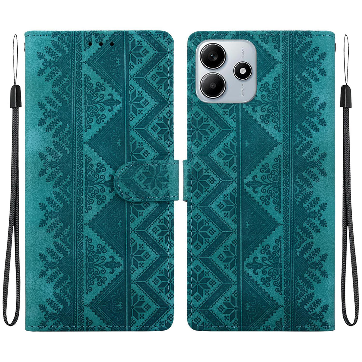 For Redmi Note 14 5G Ethnic Pattern Embossed Vegan Leather Phone Case - Green - EDA009981018B
