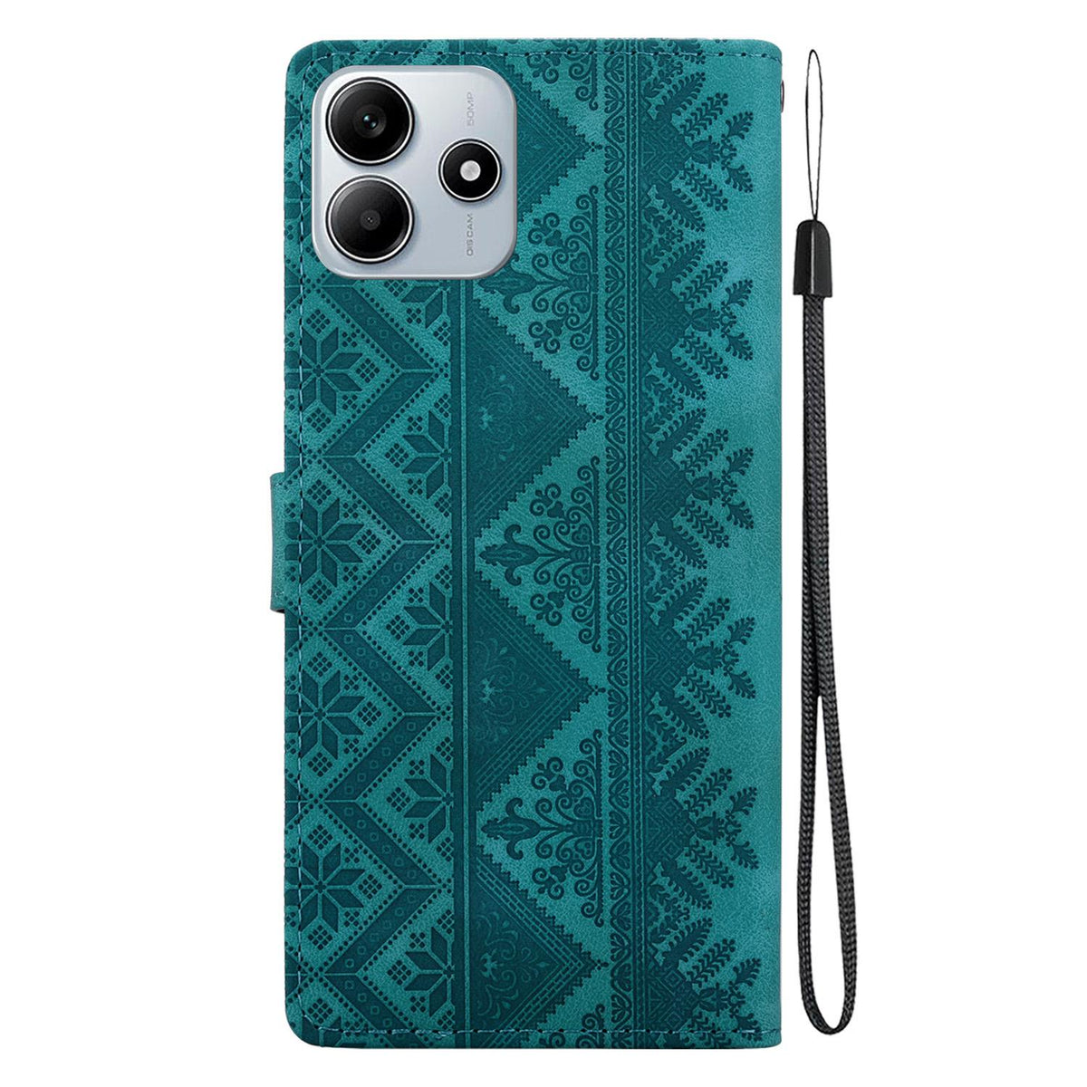 For Redmi Note 14 5G Ethnic Pattern Embossed Vegan Leather Phone Case - Green - EDA009981018B