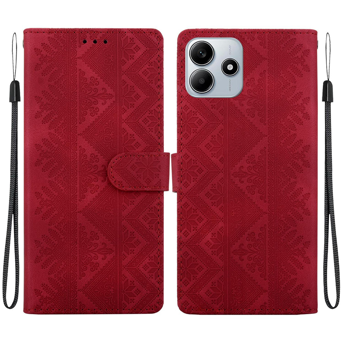 For Redmi Note 14 5G Ethnic Pattern Embossed Vegan Leather Phone Case - Red - EDA009981018C