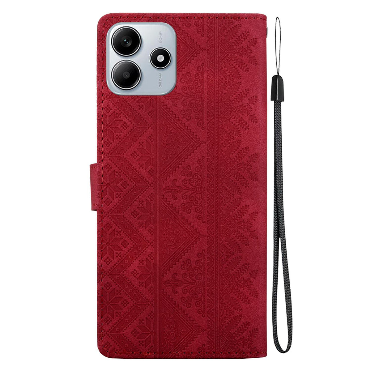 For Redmi Note 14 5G Ethnic Pattern Embossed Vegan Leather Phone Case - Red - EDA009981018C