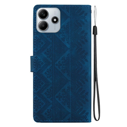 For Redmi Note 14 5G Ethnic Pattern Embossed Vegan Leather Phone Case - Dark Blue - EDA009981018E