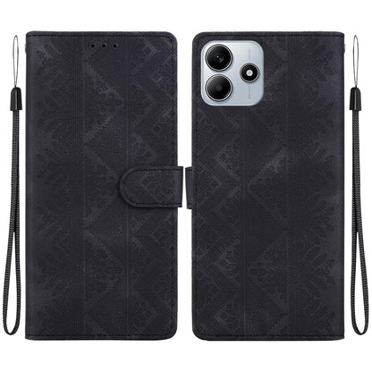 For Redmi Note 14 5G Ethnic Pattern Embossed Vegan Leather Phone Case - Black - EDA009981018F