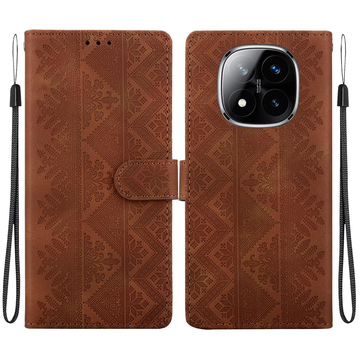 For Redmi Note 14 Pro 5G / Note 14 Pro+ 5G Ethnic Pattern Embossed Vegan Leather Phone Case - Brown - EDA009981019A