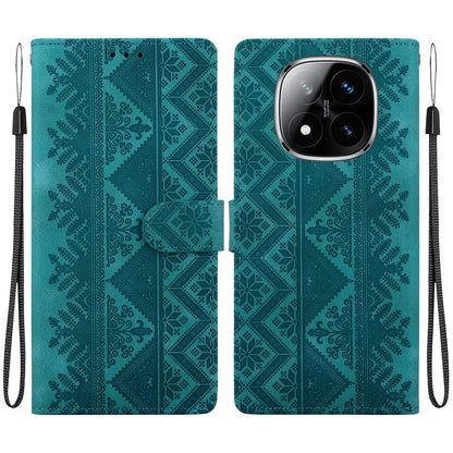 For Redmi Note 14 Pro 5G / Note 14 Pro+ 5G Ethnic Pattern Embossed Vegan Leather Phone Case - Green - EDA009981019B