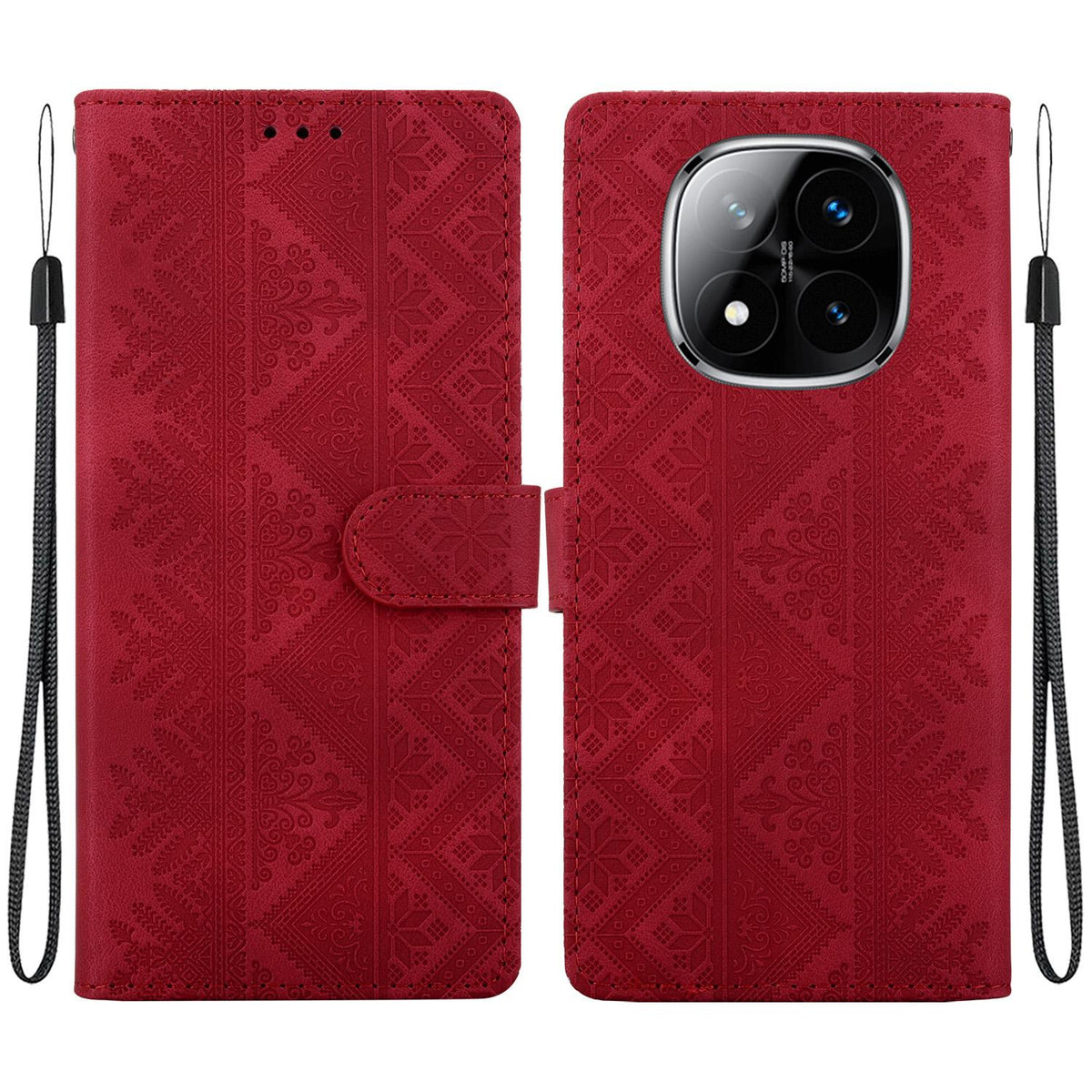 For Redmi Note 14 Pro 5G / Note 14 Pro+ 5G Ethnic Pattern Embossed Vegan Leather Phone Case - Red - EDA009981019C
