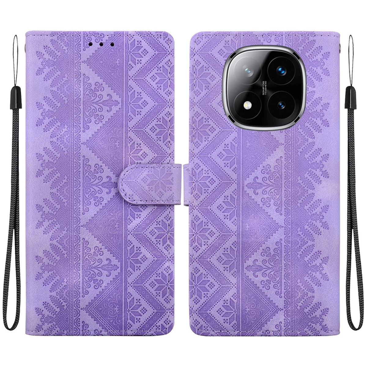For Redmi Note 14 Pro 5G / Note 14 Pro+ 5G Ethnic Pattern Embossed Vegan Leather Phone Case - Purple - EDA009981019D