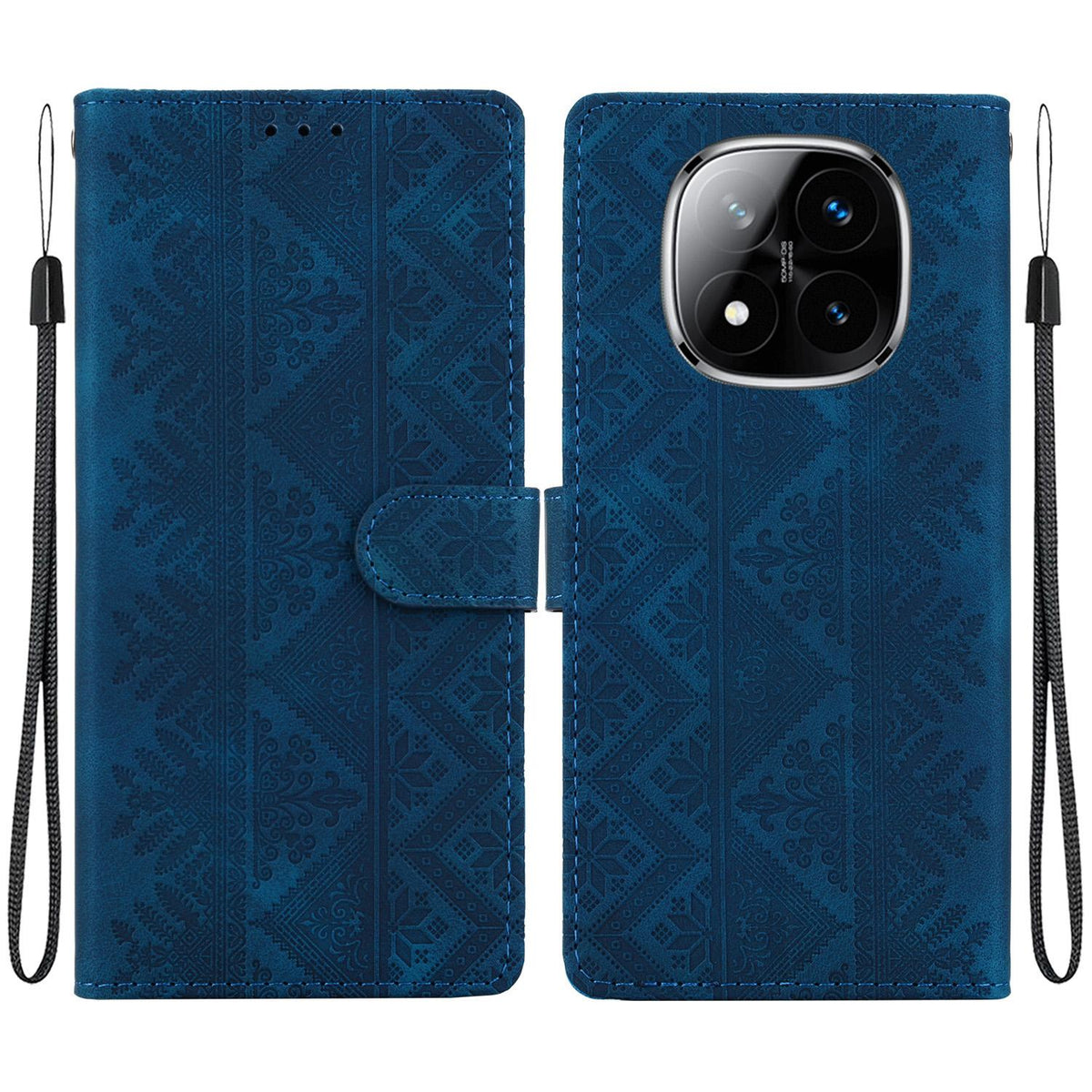 For Redmi Note 14 Pro 5G / Note 14 Pro+ 5G Ethnic Pattern Embossed Vegan Leather Phone Case - Dark Blue - EDA009981019E