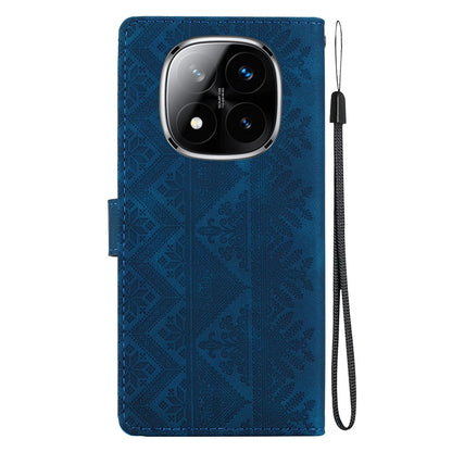 For Redmi Note 14 Pro 5G / Note 14 Pro+ 5G Ethnic Pattern Embossed Vegan Leather Phone Case - Dark Blue - EDA009981019E