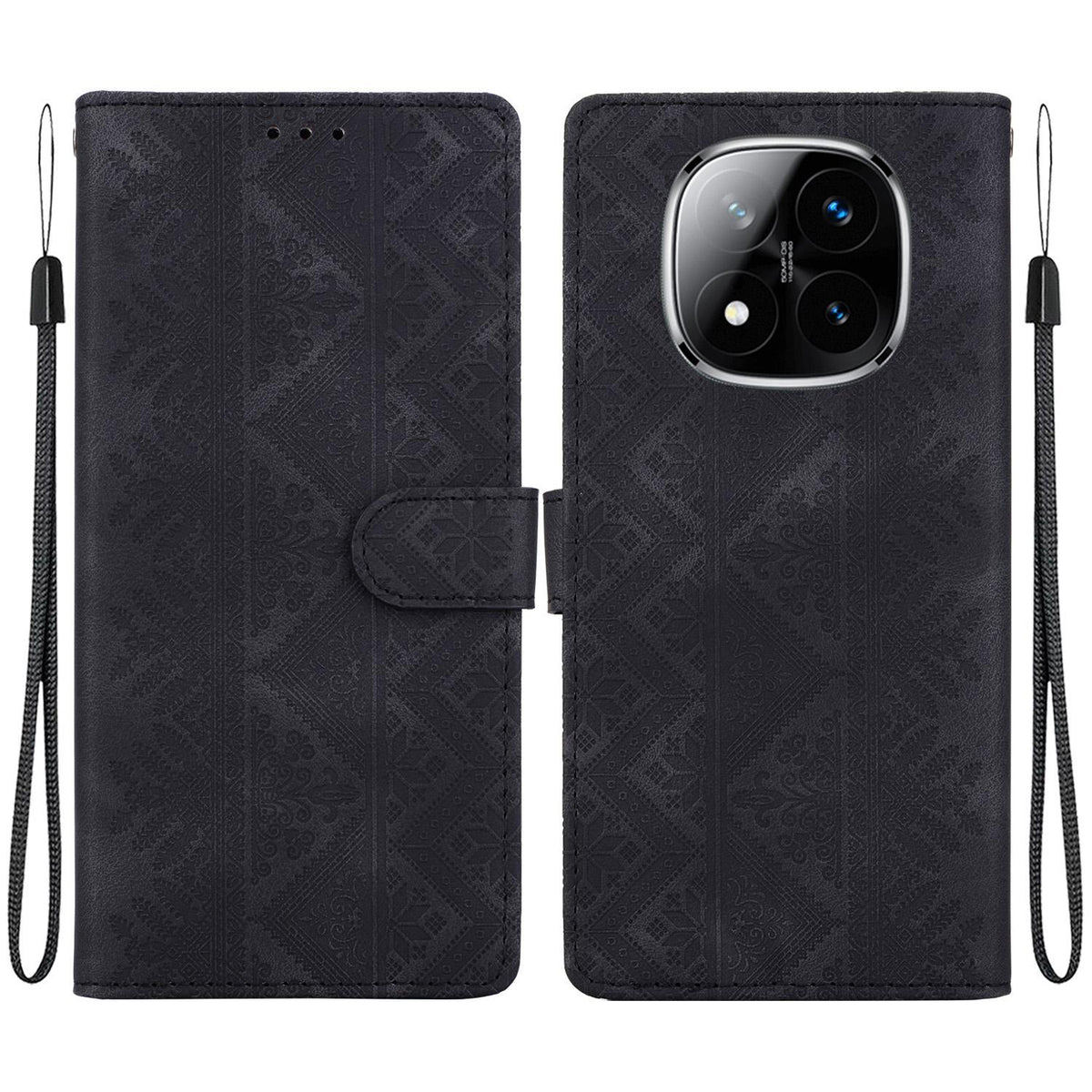 For Redmi Note 14 Pro 5G / Note 14 Pro+ 5G Ethnic Pattern Embossed Vegan Leather Phone Case - Black - EDA009981019F